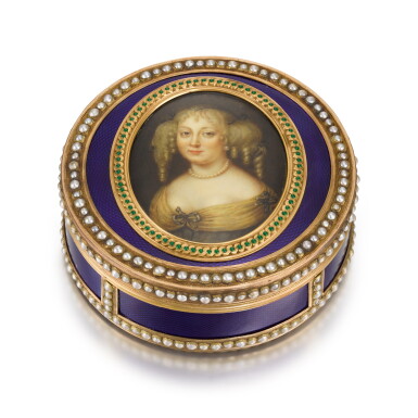 View full screen - View 1 of Lot 11. A gold, blue glass and pearl portrait box, mid-19th century in earlier taste,.