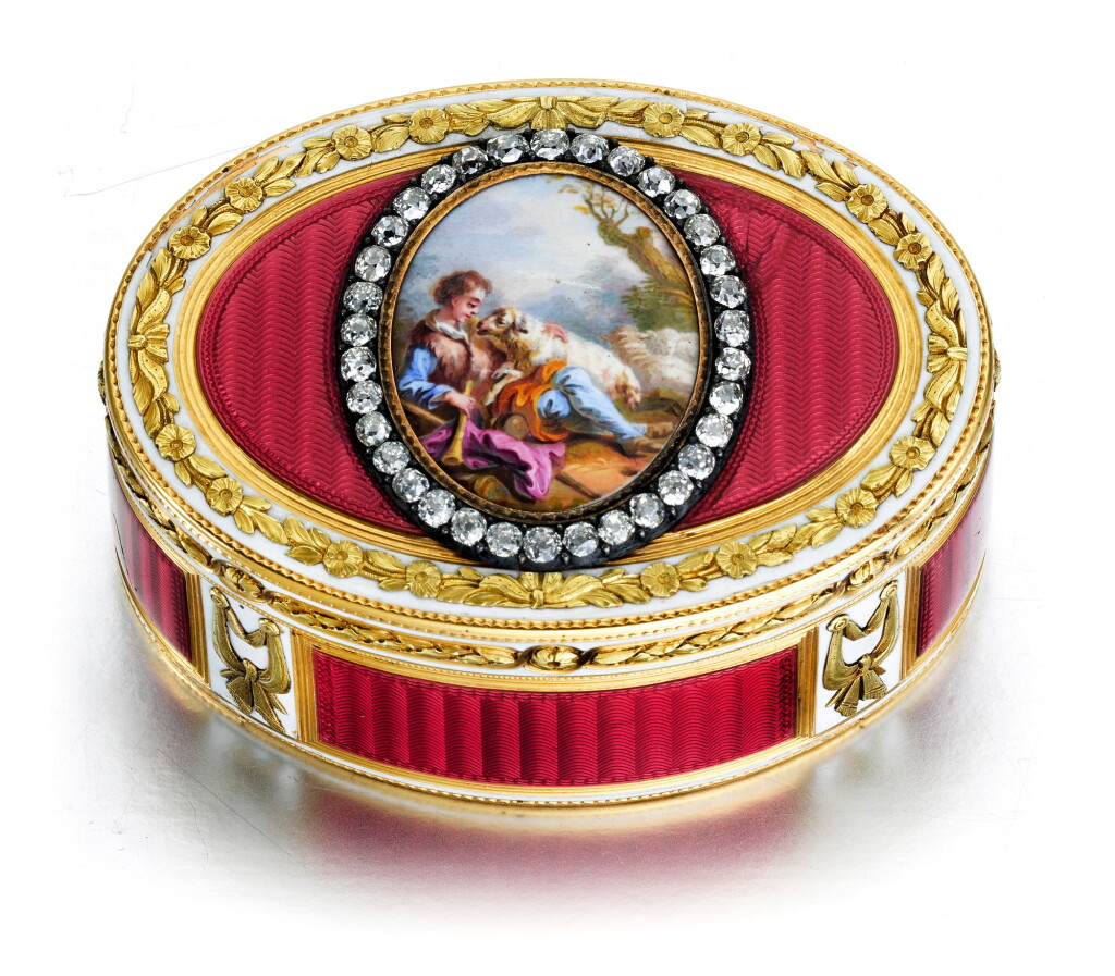 View full screen - View 1 of Lot 9. A jewelled two-colour gold and enamel snuff box, Charles Le Bastier, Paris, 1775, and later.