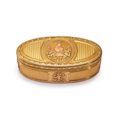 View full screen - View 1 of Lot 137. A Louis XVI Vari-Color Gold Oval Snuff Box, Nicolas Marguerit, Paris, 1776, with the Charge and Discharge of Jean-Baptiste Fouache.