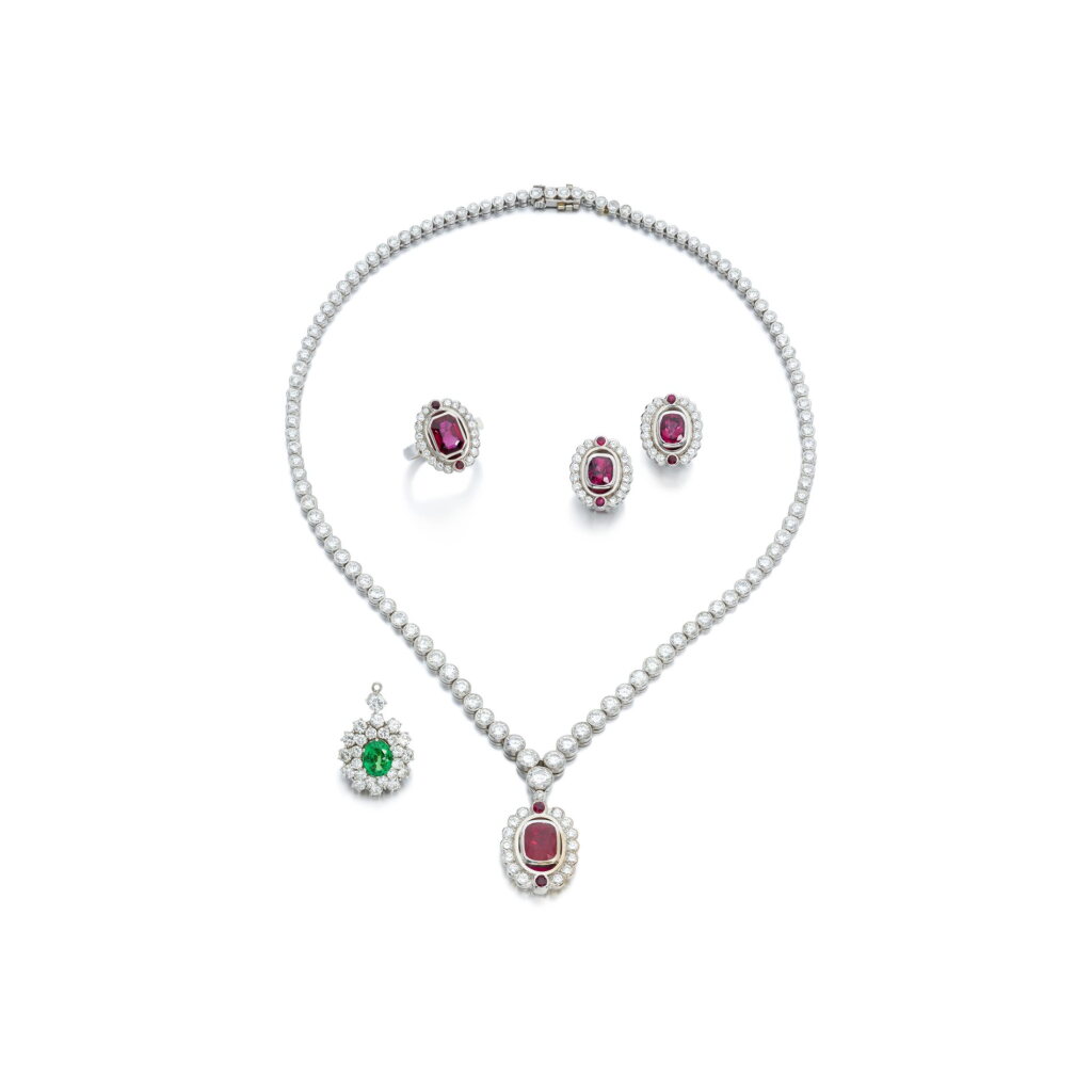 View full screen - View 1 of Lot 876. Ruby and diamond parure and a tsavorite garnet and diamond pendant.