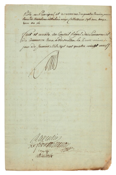 View full screen - View 1 of Lot 71. LOUIS XVI | document signed ("Louis"), listing the tax liabilites of nobles in Auch, 1789.