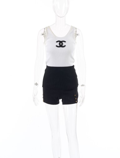 View full screen - View 1 of Lot 2. CHANEL | BLACK AND WHITE TANK TOP AND HOT PANTS .