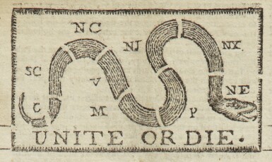 View full screen - View 1 of Lot 3. (AMERICAN REVOLUTION) | "Unite or Die" political cartoon in the masthead of The Pennsylvania Journal; and the Weekly Advertiser, No. 1675. Philadelphia: Printed and Sold by William and Thomas Bradford, Wednesday, January 11, 1775 .