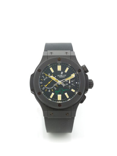 View full screen - View 1 of Lot 88. HUBLOT | BIG BANG FOUDROYANTE SENNA , A LIMITED EDITION TITANIUM AND CERAMIC AUTOMATIC SPLIT SECONDS CHRONOGRAPH WRISTWATCH CIRCA 2009 BIG BANG FOUDROYANTE SENNA A LIMITED EDITION TITANIUM AND CERAMIC AUTOMATIC SPLIT SECONDS CHRONOGRAPH WRISTWATCH CIRCA 2009 .