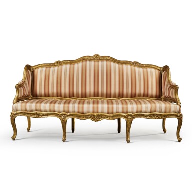 View full screen - View 1 of Lot 71. A Louis XV Carved Giltwood Canape à Chassis, Stamped Three t.mes
s N. Blanchard, Circa 1740.