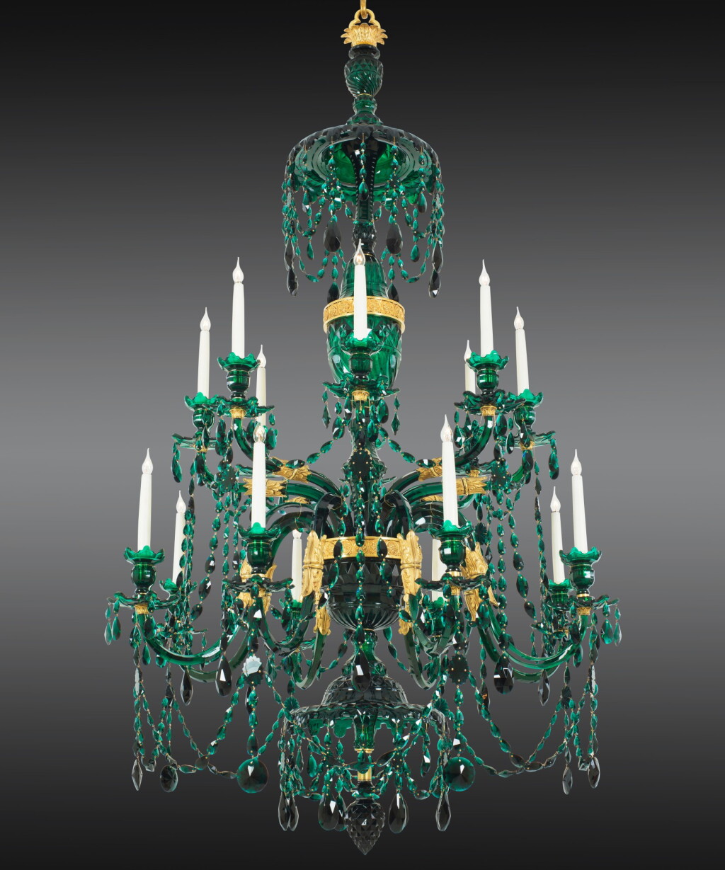 View full screen - View 1 of Lot 17. A George III gilt-brass mounted green cut-glass sixteen-light chandelier , circa 1790, attributed William Parker & Son.