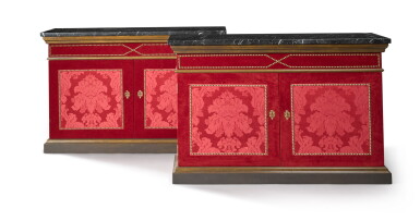 View full screen - View 1 of Lot 18. A pair of custom-made red silk and velvet covered side cabinets, by Alidad.