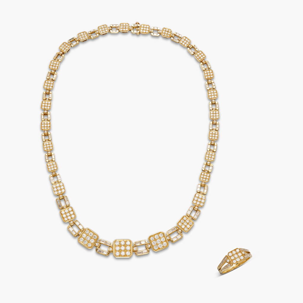 View full screen - View 1 of Lot 339. Gold and Diamond Necklace and Ring, France.