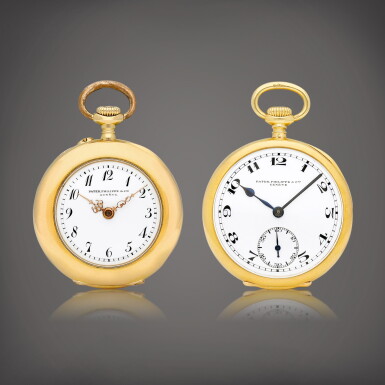 View full screen - View 1 of Lot 838. A set of two yellow gold open face keyless fob watches with white enamel dials, Circa 1908 and 1910 | 百達翡麗 | 兩枚黃金懷錶,備琺瑯錶盤,約1908及1910年製.