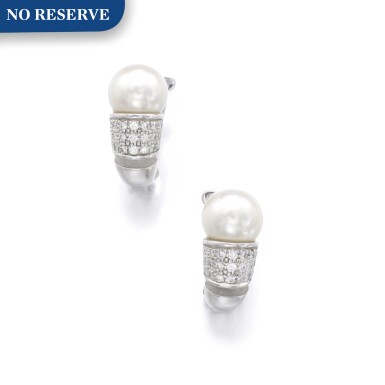 View full screen - View 1 of Lot 425. MAUBOUSSIN | PAIR OF CULTURED PEARL AND DIAMOND EAR CLIPS.