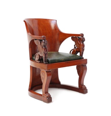 View full screen - View 1 of Lot 26. A CARVED MAHOGANY ARMCHAIR, ATTRIBUTED TO JACOB FRÈRES, CIRCA 1796-1800 | FAUTEUIL À L'ANTIQUE EN ACAJOU SCULPTÉ, ATTRIBUÉ À JACOB FRÈRES, VERS 1796-1800.