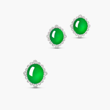 View full screen - View 1 of Lot 1719. Jadeite and Diamond Demi-Parure | 天然「緬甸」翡翠 配 鑽石 戒指 及 耳環套裝.
