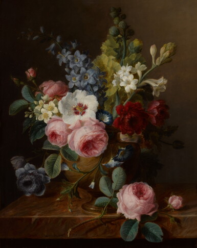 View full screen - View 1 of Lot 130. Still life of flowers in a vase on a marble ledge, including roses, hibiscus, bellflowers, hollyhocks, and anenomes.