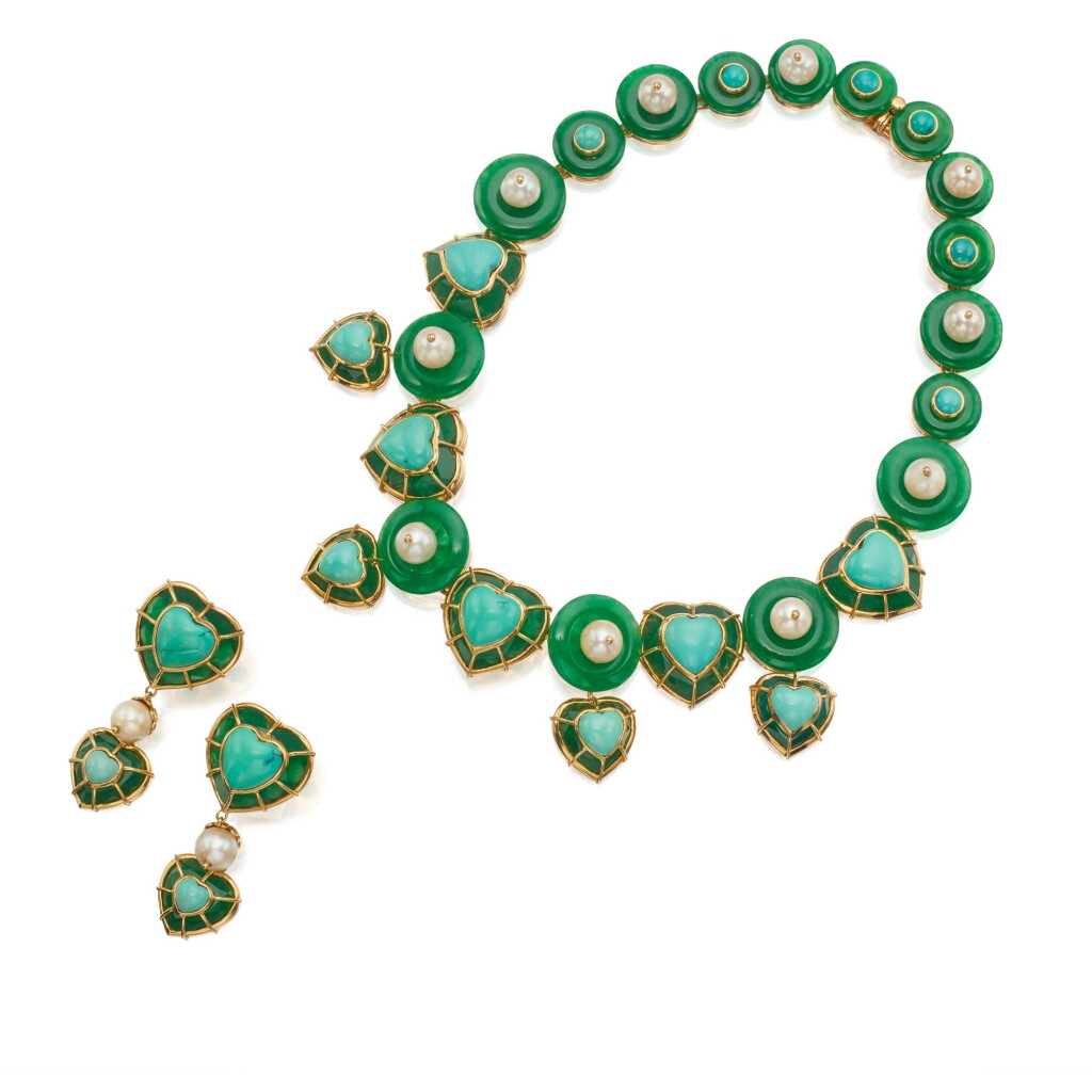 View full screen - View 1 of Lot 378. Tony Duquette | Turquoise, Quartzite and Cultured Pearl Necklace and Pair of Earclips.