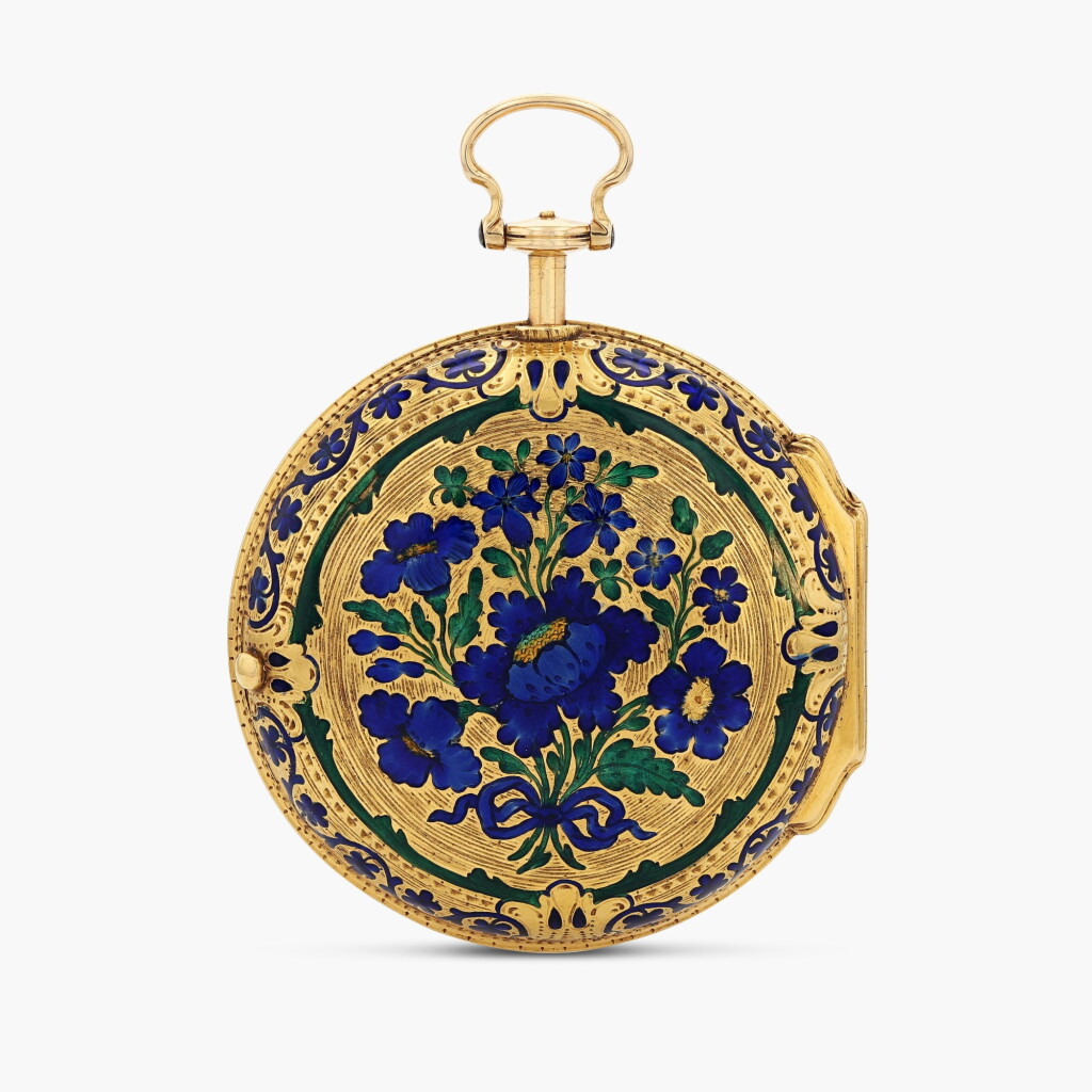 View full screen - View 1 of Lot 450. Yellow gold and enamel consular-cased verge watch, the case decorated with polychrome enamel flowers, circa 1780.