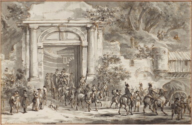 View full screen - View 1 of Lot 239. DIRK LANGENDIJK | MILITARY CONVOY WITH A CARRIAGE PASSING THROUGH A GRAND GATE.