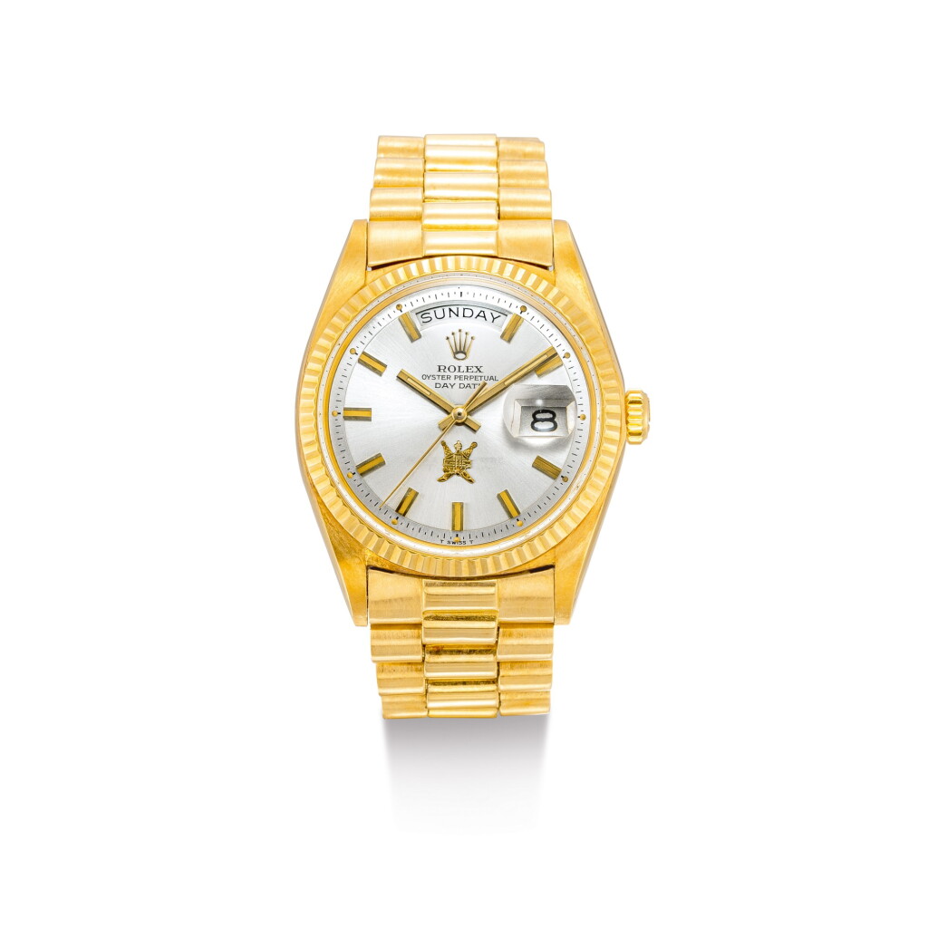 View full screen - View 1 of Lot 2136. ROLEX | DAY-DATE, REFERENCE 1803, A YELLOW GOLD WRISTWATCH WITH DAY, DATE AND BRACELET, MADE FOR THE SULTANATE OF OMAN, CIRCA 1971 | 勞力士 | "Day-Date 型號1803 黃金鏈帶腕錶,備日期及星期顯示,為阿曼之蘇丹王而製,錶殼編號2548401,約1971年製".