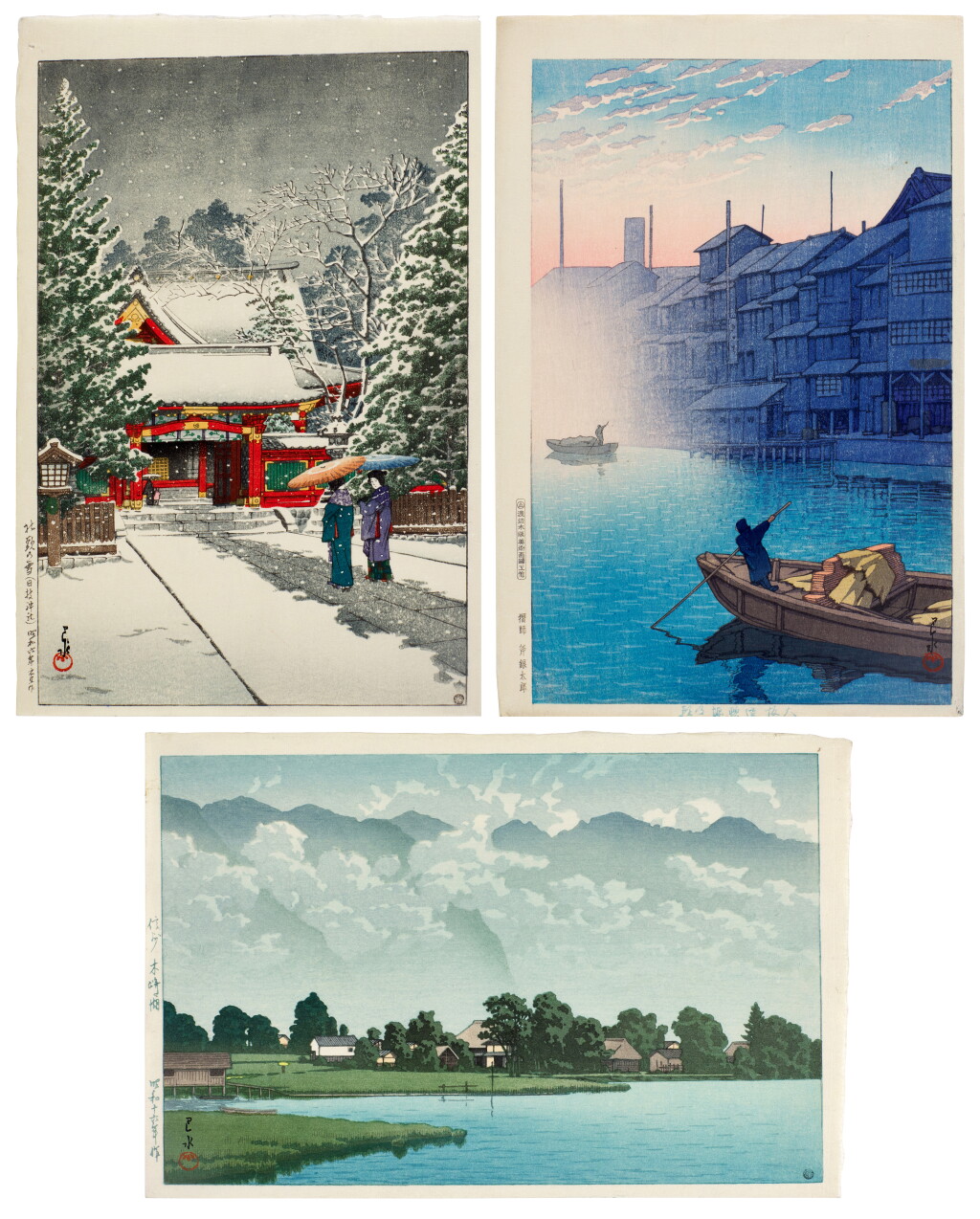 View full screen - View 1 of Lot 73. Kawase Hasui (1883-1957) | Three woodblock prints | Showa period, 20th century .