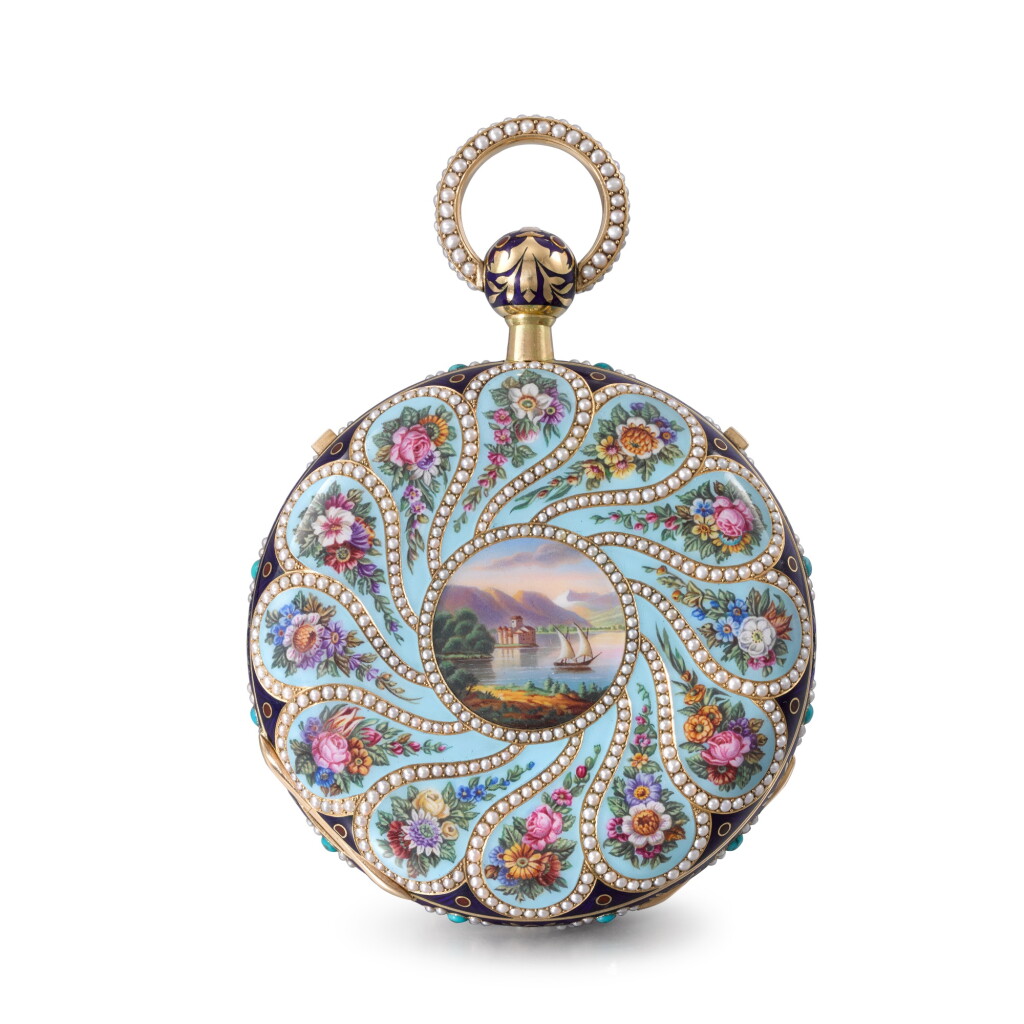 View full screen - View 1 of Lot 1317. A magnificent, rare and large gold, enamel and pearl-set quarter repeating watch with case by Frères Oltramere and movement attributed to Piguet & Meylan, made for the Chinese market Circa 1815, no. 4404 "Château de Chillon".