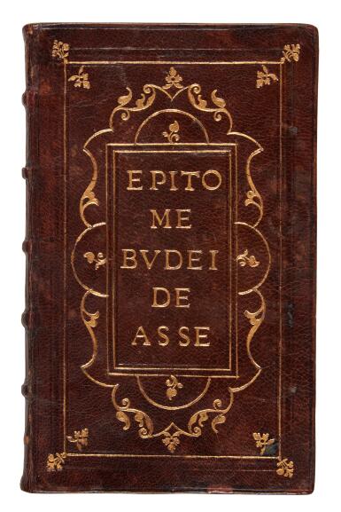 View full screen - View 1 of Lot 59. Budé, Summaire ou Epitome du livre de Asse, Paris, 1529, Parisian epigraphic binding attributed to Étienne Roffet.