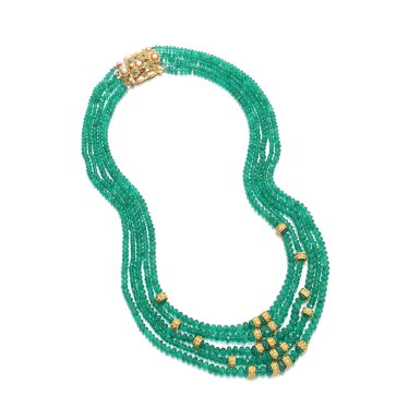 View full screen - View 1 of Lot 918. Emerald, cultured pearl and diamond necklace.