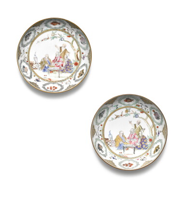 View full screen - View 1 of Lot 278. A pair of famille-rose 'doctors visit' saucer dishes, Qing dynasty, circa 1740.