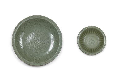 View full screen - View 1 of Lot 151. Two carved and molded Longquan celadon dishes, Ming dynasty | 明 龍泉窰青釉折沿盤二件.