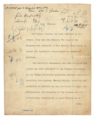 View full screen - View 1 of Lot 134. WORLD WAR I--GOSCHEN | typescript document to Von Jagow, the German Foreign Minister, 4 August 1914.