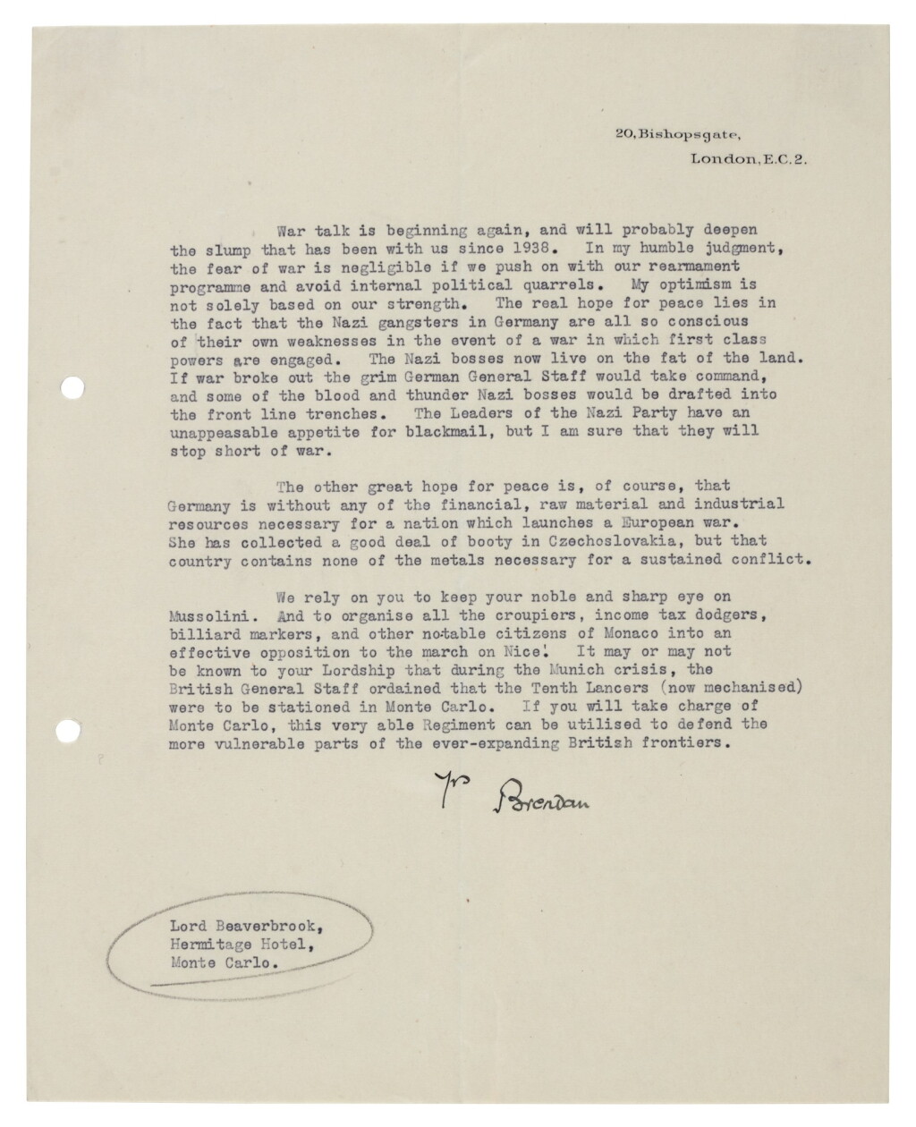 View full screen - View 1 of Lot 11. Brendan Bracken | Series of c.140 letters to Lord Beaverbrook, on Churchill, British politics, and other subjects, 1925-58.