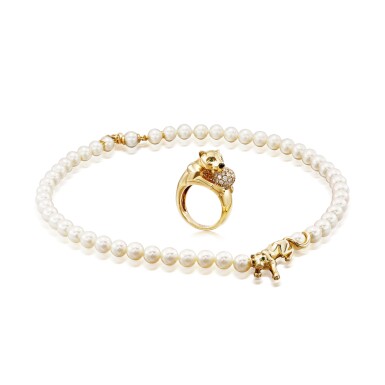 View full screen - View 1 of Lot 2753. 'Vedra' Diamond, Emerald and Onyx Ring; and 'Mowgli' Cultured Pearl and Emerald Necklace | 卡地亞 | 'Vedra' 鑽石 配 祖母綠 及 縞瑪瑙 戒指; 及 'Mowgli' 養殖珍珠 配 祖母綠 項鏈 .