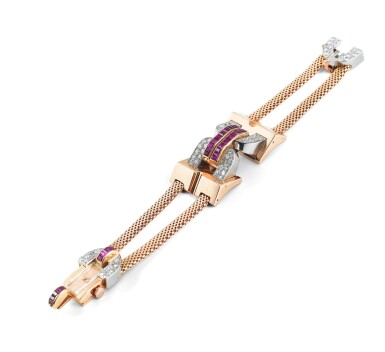 View full screen - View 1 of Lot 22. MONTRE BRACELET DE DAME RUBIS ET DIAMANTS, BOUCHERON, VERS 1940 | LADY'S RUBY AND DIAMOND WRISTWATCH, BOUCHERON, 1940S.