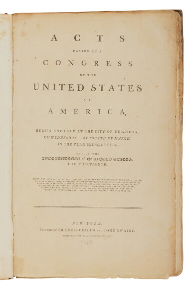 View full screen - View 1 of Lot 1308. United States Congress | Rare official printing of the Acts of the first Congress, including the first official House printing of the Bill of Rights.