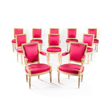 View full screen - View 1 of Lot 386. A set of six Louis XVI giltwood chairs and a pair of armchairs, circa 1780, some stamped by Georges Jacob, with two chairs Louis XVI style | Ensemble de six chaises et une paire de fauteuils en bois rechampi or d'époque Louis XVI, vers 1780, certaines estampillées Georges Jacob, avec deux chaises de style Louis XVI.