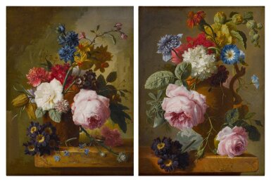 View full screen - View 1 of Lot 93. Still Lifes with Various Flowers in Terracotta Vases on Marble Ledges, A Pair.