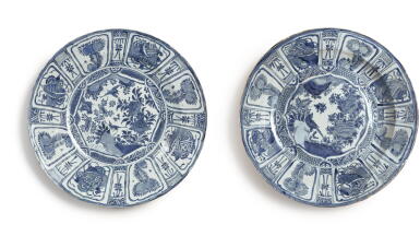 View full screen - View 1 of Lot 988. Two blue and white 'bird and flower' Kraak chargers, Ming dynasty, Wanli period | 明萬曆 克拉克瓷青花花鳥紋大盤一組兩件.