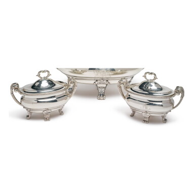 View full screen - View 1 of Lot 128. A PAIR OF GEORGE III SILVER SAUCE TUREENS AND COVERS, PAUL STORR, LONDON, 1799.