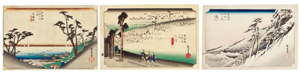 View full screen - View 1 of Lot 23. UTAGAWA HIROSHIGE I (1797–1858), THREE PRINTS: SHIRASUKA: VIEW OF SHIOMIZAKA (SHIRASUKA, SHIOMIZAKA ZU), FUTAKAWA: MONKEY PLATEAU (FUTAKAWA, SARUGABABA) AND KAMEYAMA: CLEAR WEATHER AFTER SNOW (KAMEYAMA, YUKIBARE) | EDO PERIOD, 19TH CENTURY.