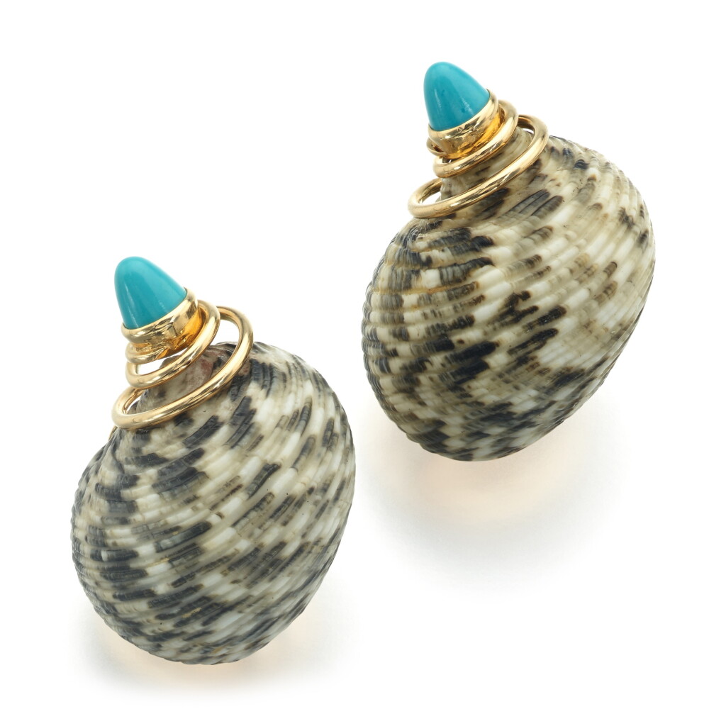 View full screen - View 1 of Lot 625. Pair of Shell and Turquoise Earclips.