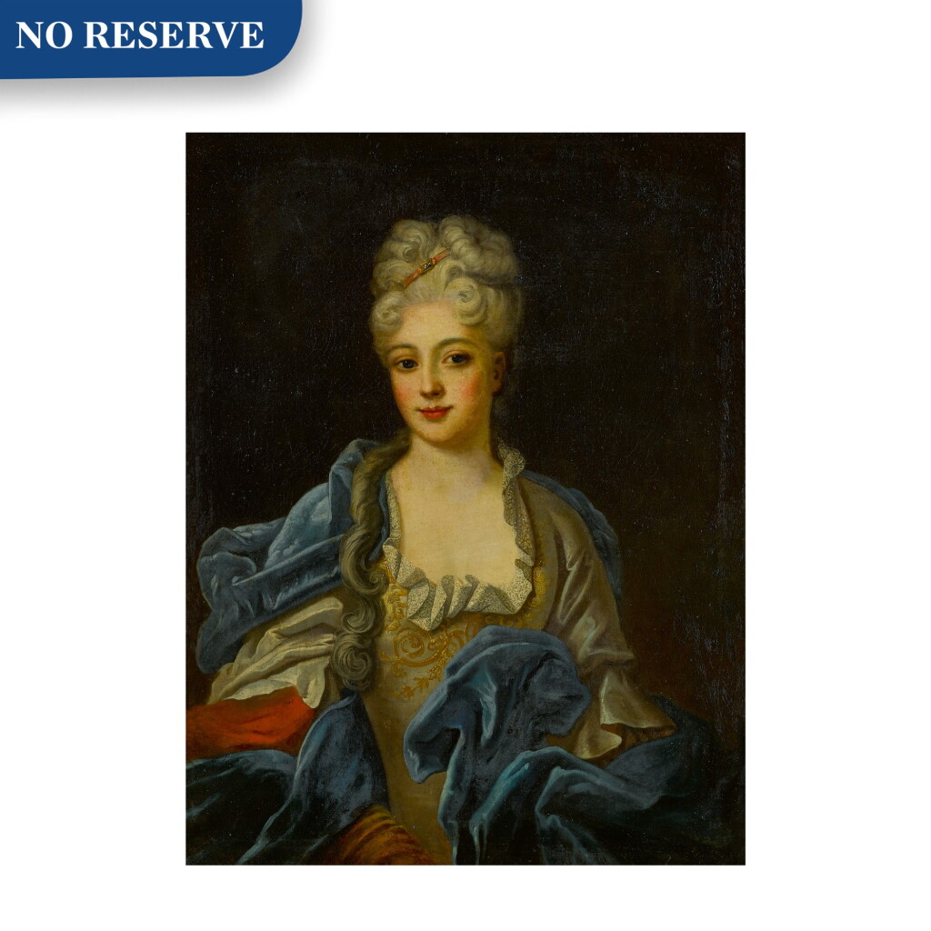 View full screen - View 1 of Lot 88. Portrait of a lady in an embroidered gown with a blue velvet cloak, half length.