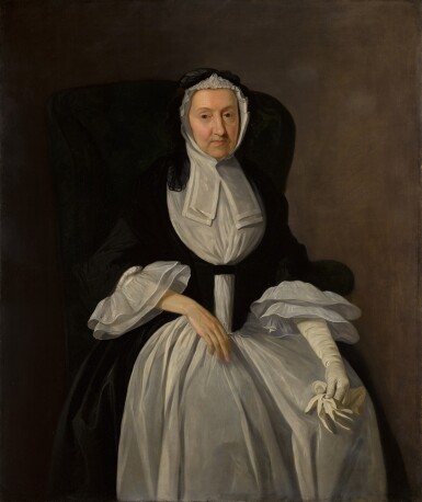 View full screen - View 1 of Lot 162. Portrait of a lady, three-quarter-length, seated, wearing a black and white dress.