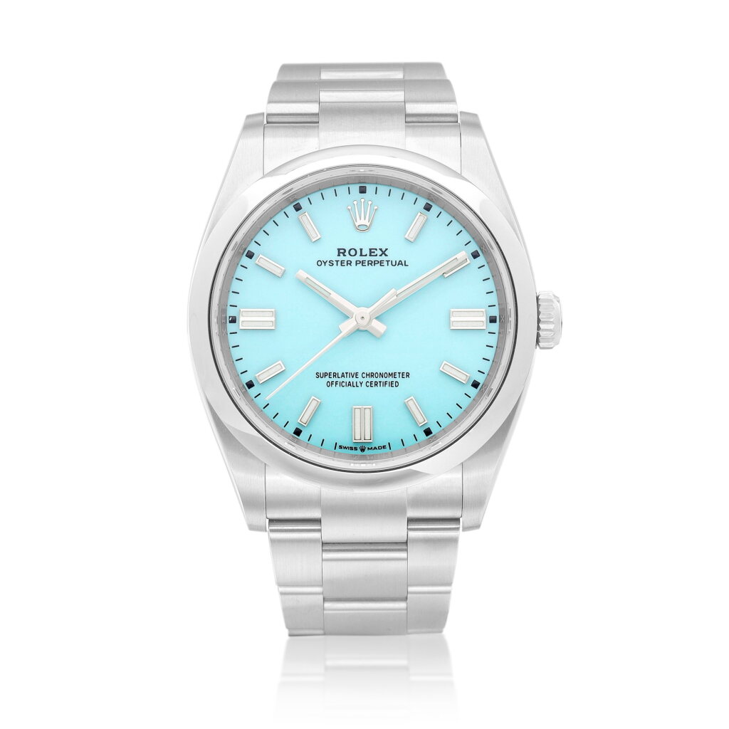 View full screen - View 1 of Lot 8126. Oyster Perpetual, Reference 126000 | A stainless steel wristwatch with turquoise blue lacquer dial and bracelet, Circa 2022 | 勞力士 | Oyster Perpetual 型號126000 | 精鋼鏈帶腕錶,備綠松石藍色錶盤,約2022年製.