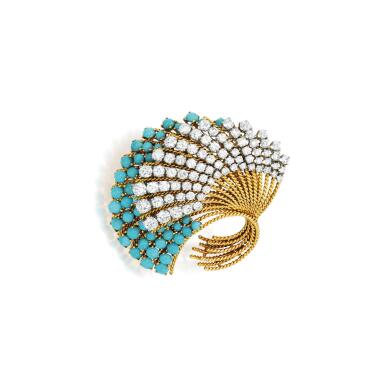 View full screen - View 1 of Lot 104. Van Cleef & Arpels | Gold, Turquoise and Diamond Clip-Brooch.