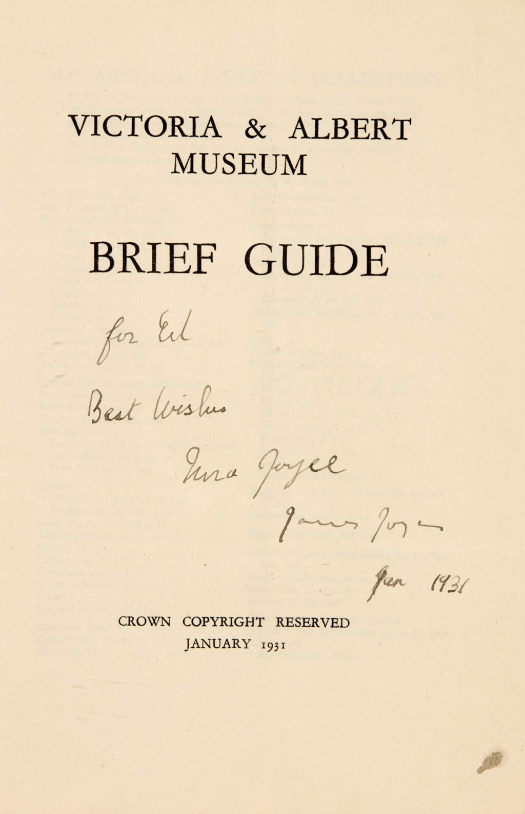 View full screen - View 1 of Lot 243. James Joyce | V&A Brief Museum Guide, 1931, inscribed by James and Nora Joyce to Joyce's sister Eileen.