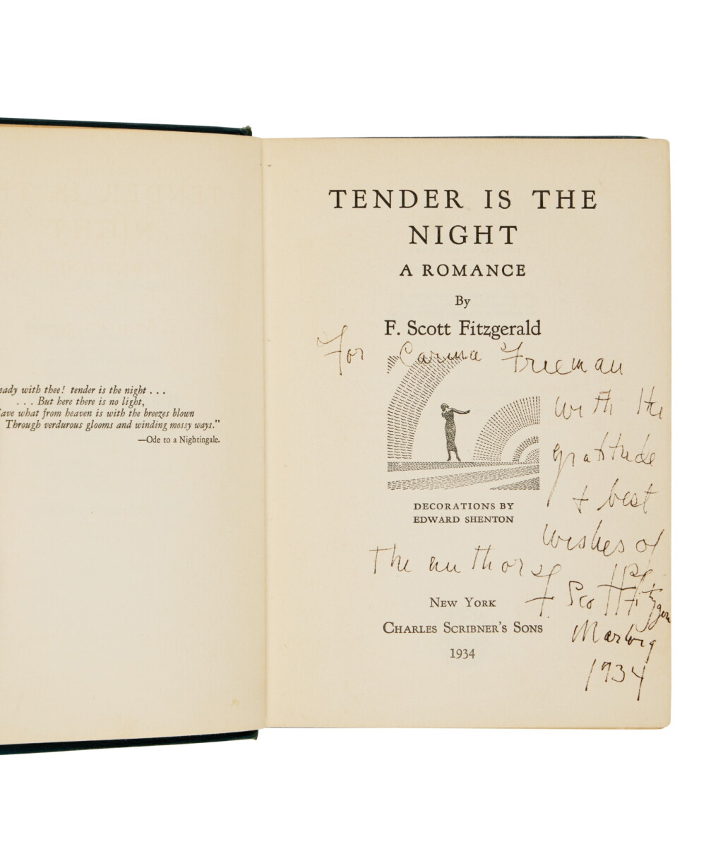 View full screen - View 1 of Lot 1057. Fitzgerald, F. Scott | “With the gratitude + best wishes of the author” — First edition of Tender Is the Night, inscribed to his nurse.