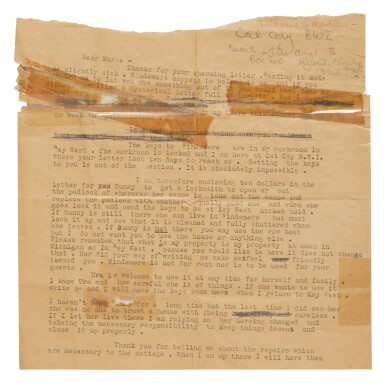 View full screen - View 1 of Lot 33. Hemingway, Ernest | Typed letter signed to Marcelline, forbidding her the use of Windermere.