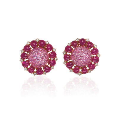 View full screen - View 1 of Lot 44. PAIR OF RUBY, PINK SAPPHIRE AND DIAMOND EAR CLIPS, MICHELE DELLA VALLE.