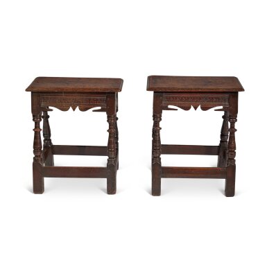 View full screen - View 1 of Lot 293. An Assembled Pair of Charles I Oak Joint Stools, Second Quarter 17th Century .