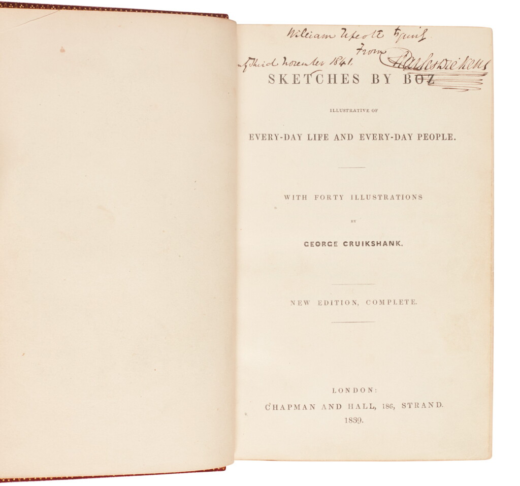 View full screen - View 1 of Lot 13. Dickens, Sketches by Boz, 1839, first one volume edition, presentation copy inscribed to Upcot.