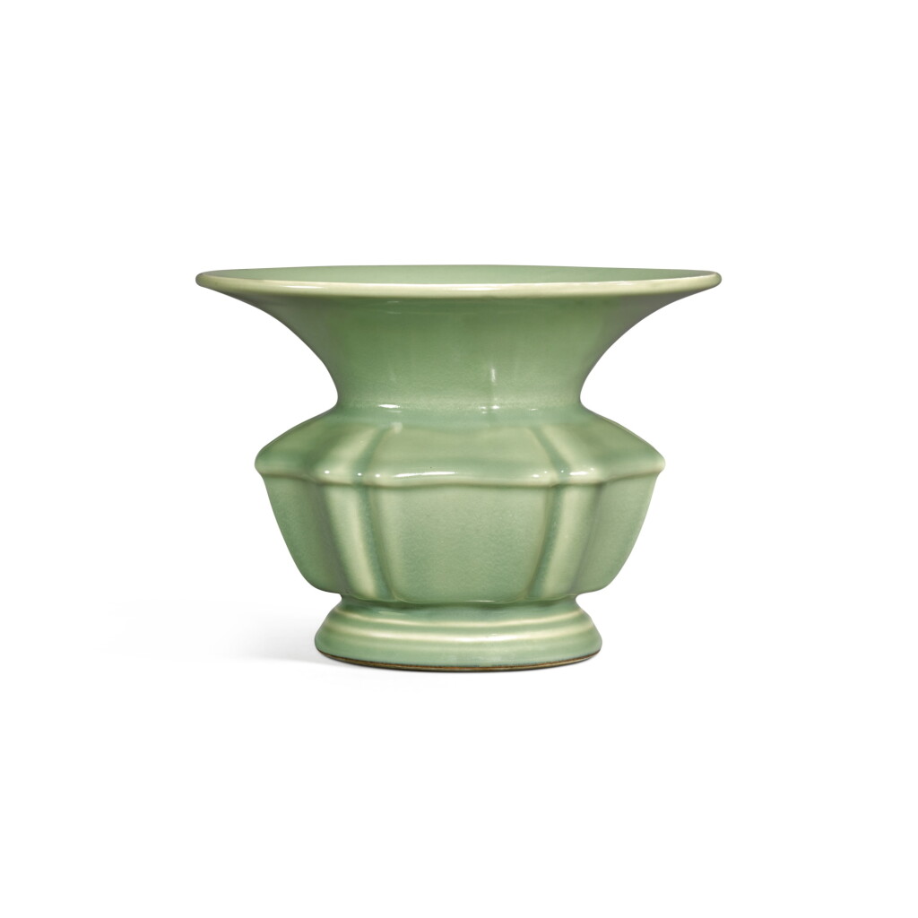 View full screen - View 1 of Lot 142. A celadon-glazed zhadou, Seal mark and period of Qianlong | 清乾隆 豆青釉六棱式渣斗 《大清乾隆年製》款.