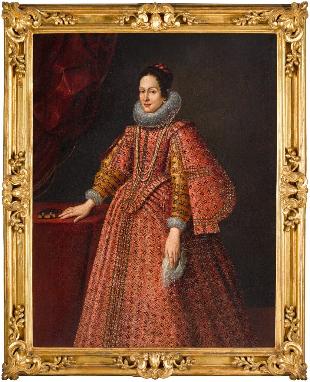View full screen - View 1 of Lot 28. Portrait of a lady, three-quarter length, with her hand resting near a book on a table.
